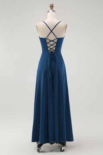 Dark Blue Spaghetti Straps A Line Long Bridesmaid Dress
